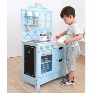 מטבח עץ מודרני לילדים כחול עם חלון